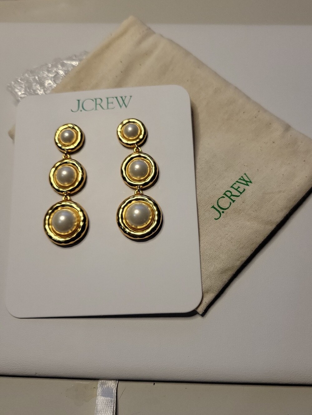 Nwt J. Crew Gold and Pearl Triple Drop Statement Earrings With Dust Bag.